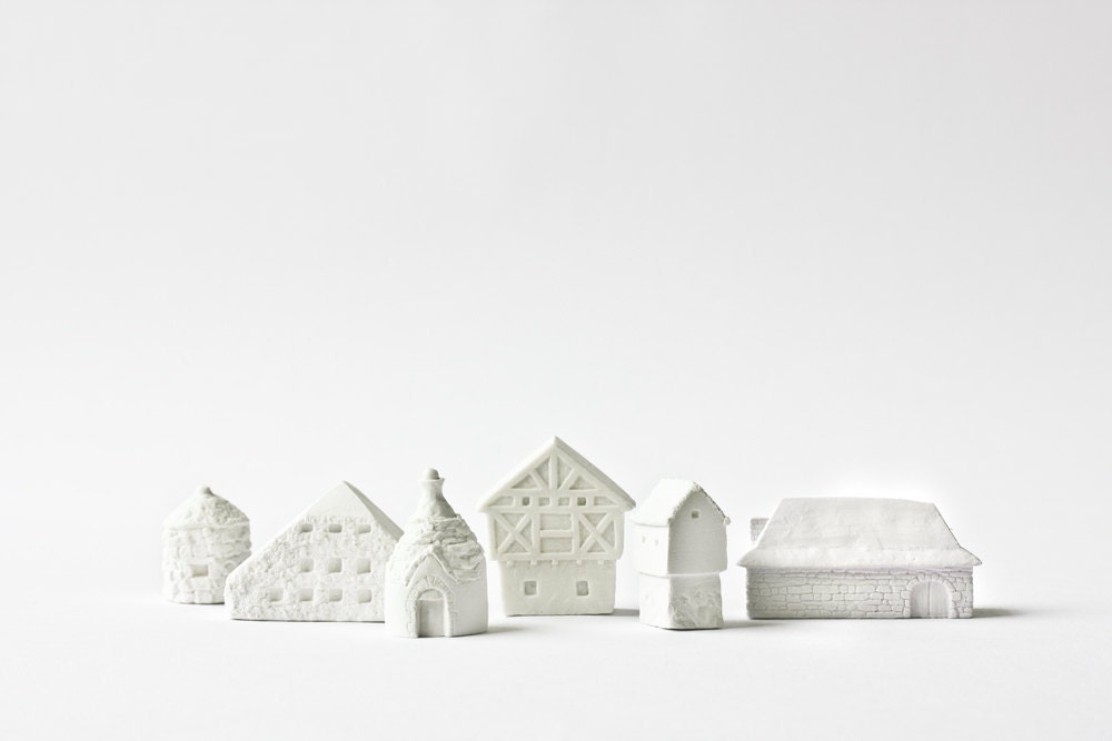 6 clay countryside houses architecture set - ceramic clay houses by Artisanie Europe - pure white home decor modern wedding favors - POAST