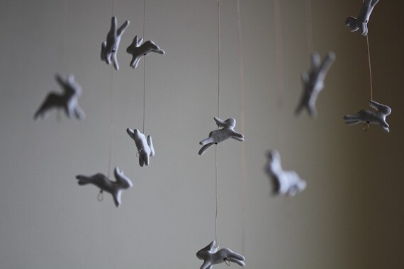 Leaping Rabbits Mobile - Art mobile - baby mobile nursery decor childrens room bunny modern spring - Laurie Poast - Artisanie Europe