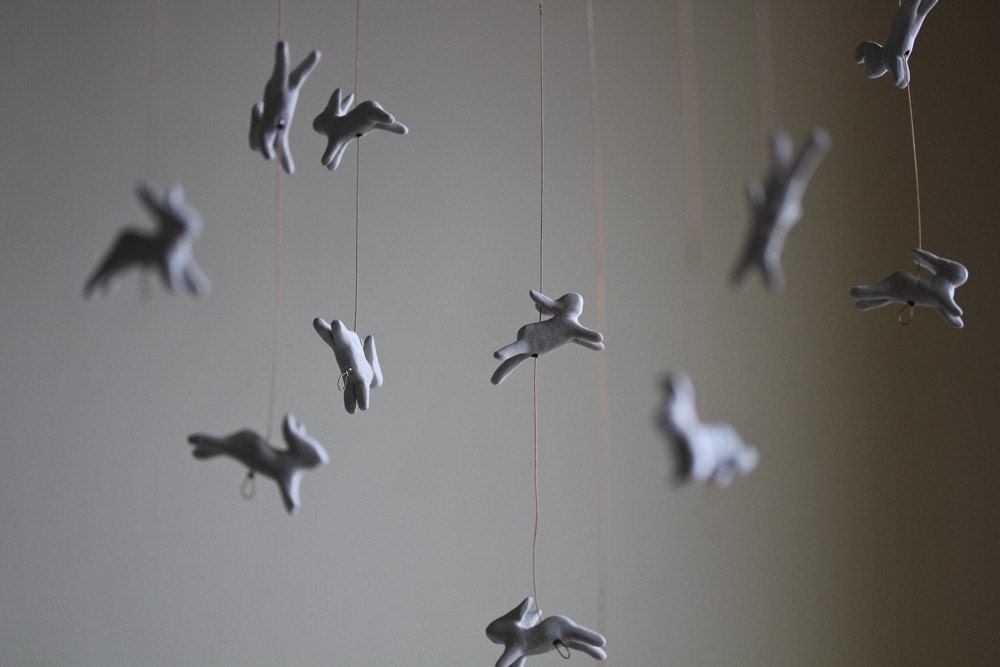 Leaping Rabbits Mobile - Art mobile - baby mobile nursery decor childrens room bunny modern spring - Laurie Poast - Artisanie Europe
