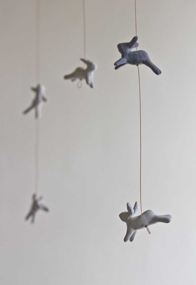 Leaping Rabbits Mobile - Art mobile - baby mobile nursery decor childrens room bunny modern spring - Laurie Poast - Artisanie Europe