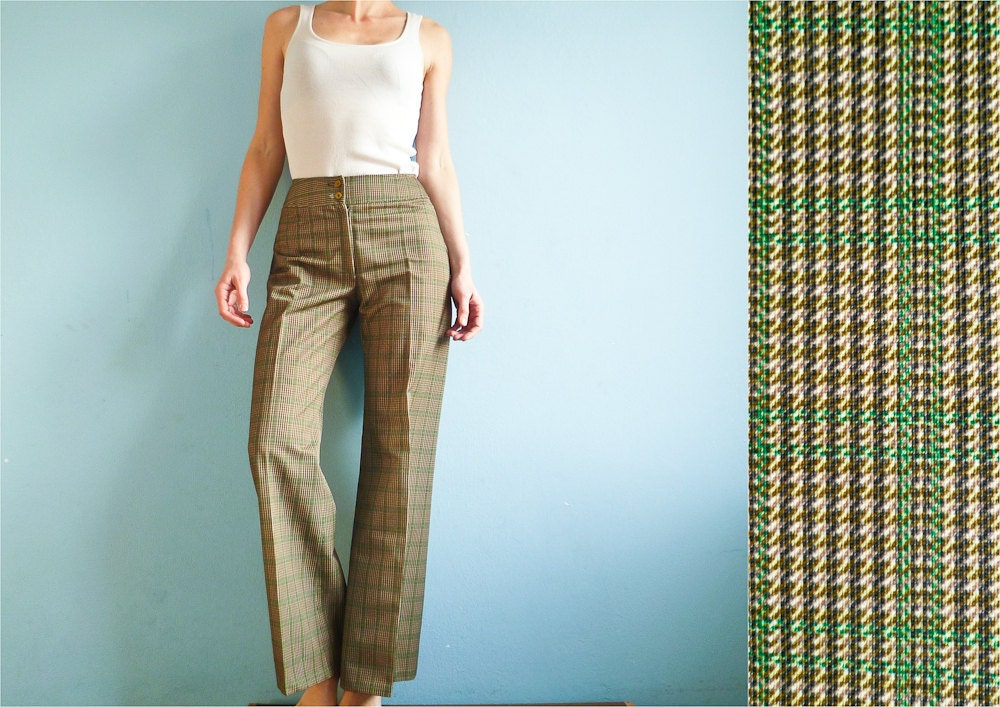 Vintage high waist pants / brown green beige / plaid / wide leg trousers / bell bottoms / small