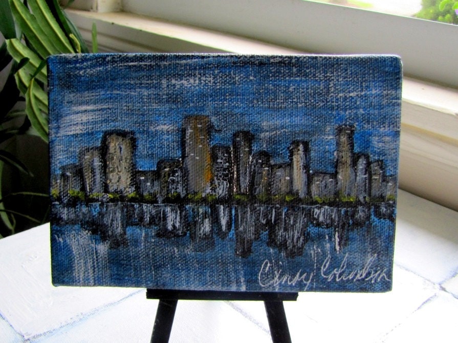 Take 20% OFF Details in Listing City Scape Small Original Painting with Display Easel Night Time Cityscape Expressionist Art
