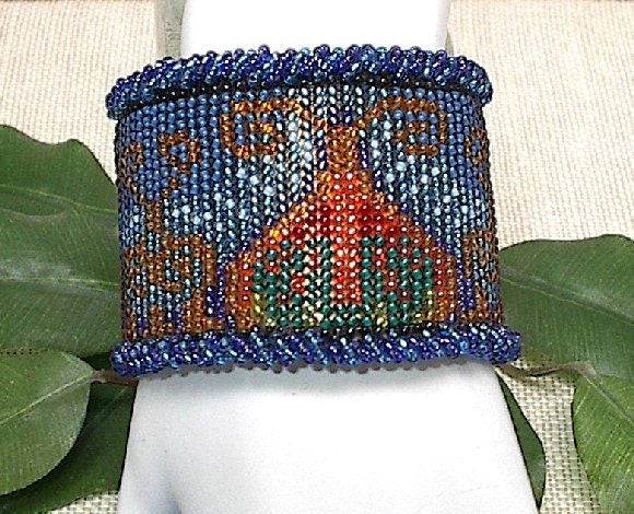 Cuff Bracelet Beadwork Jewel Tones Adjustable OOAK