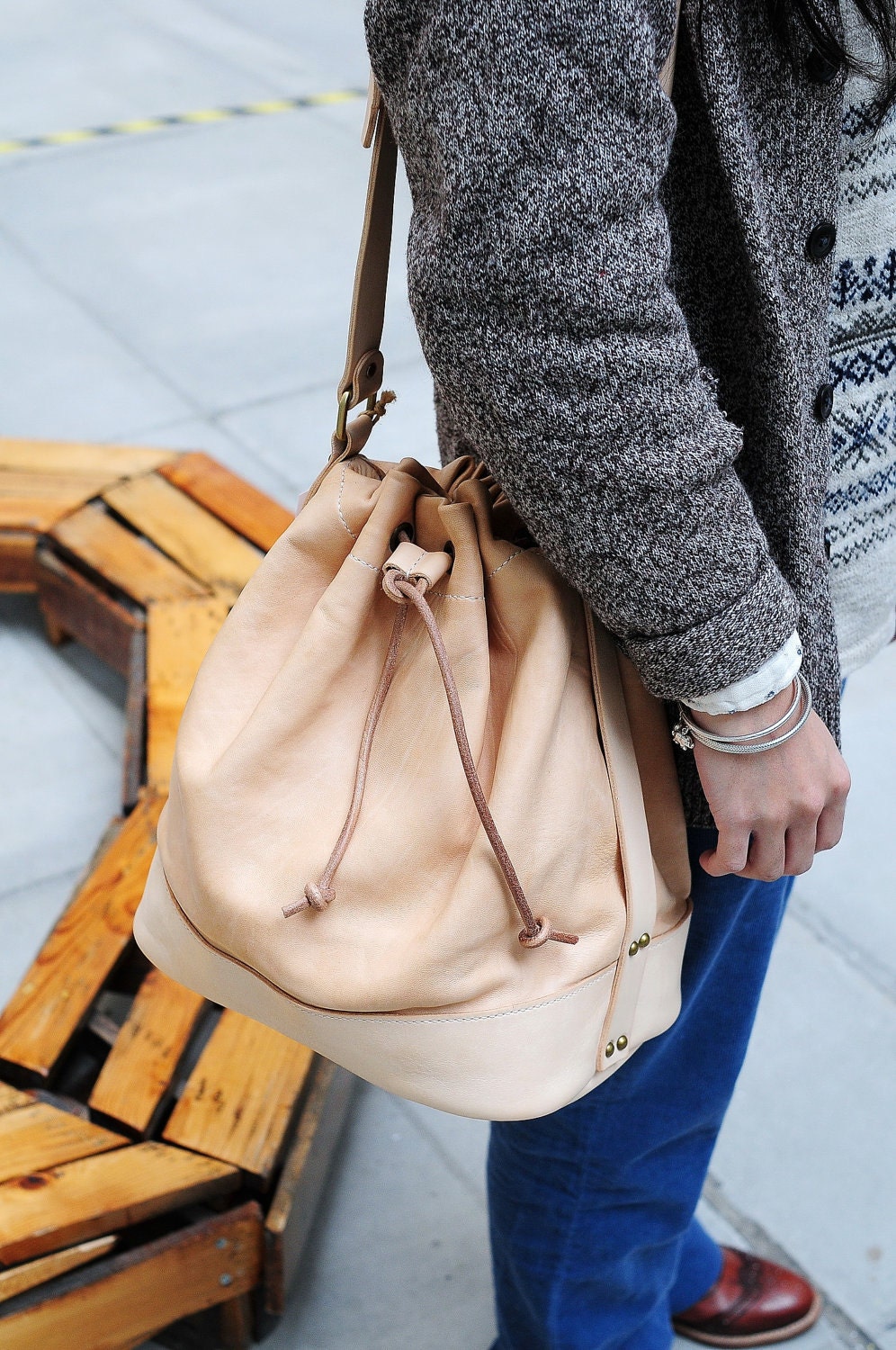 Hand Stitched Natural Color (Beige) Leather Carry On Bag