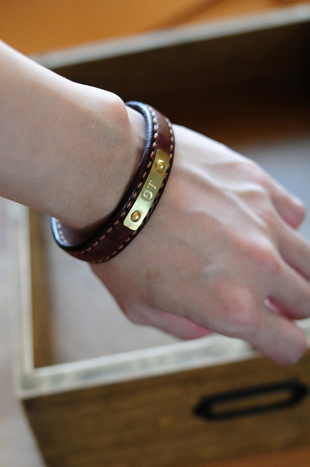 Hand Stitched Dark Brown Leather Bangle/ Bracelet