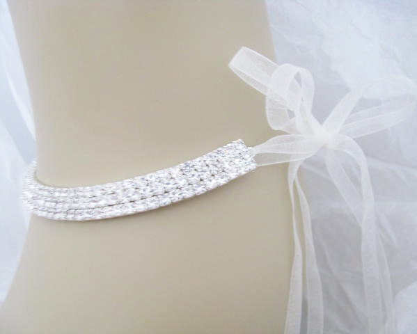 wedding jewelry Rhinestone studded collar With Cream Ribbon necklace