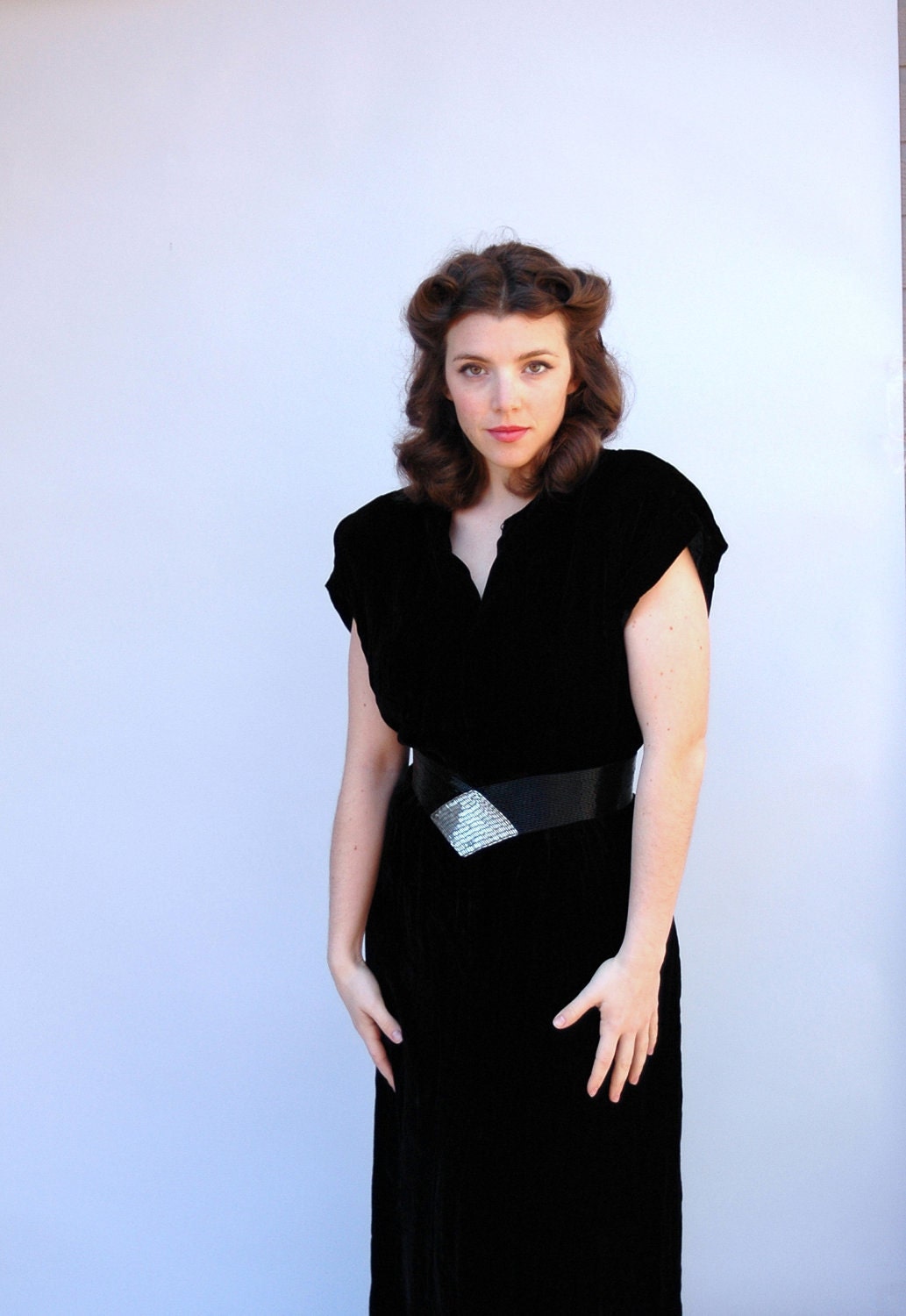 SALE Vintage 1940s Dress - Inky Black - Black Velvet 40s Column Dress