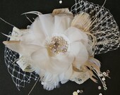 Vintage Bridal Hair Fascinator Hair Clip French Tulle Veil Ivory Lace Feather Rhinestone Wedding