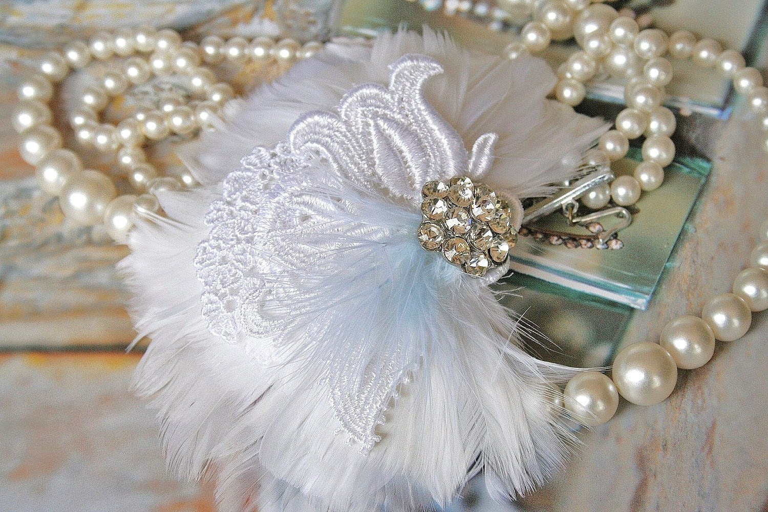 Bridal Fascinator, Bridal Hair Accessory, Wedding Headpiece, Feather Hair Clip, White, Lace, Rhinestone, Blue