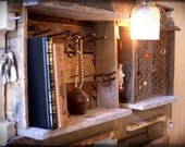 Jewelry Organizer Rustic Wall Shelf  with electric light  chicken wire. Made from Upcycled Wooden Pallets