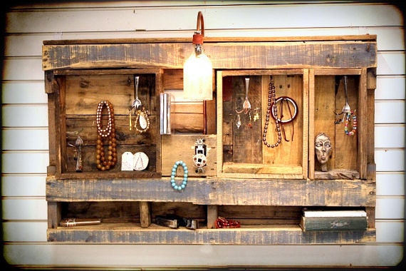 Rustic Wall Shelf Display Organizer with electric light. Made from Upcycled Wooden Pallets