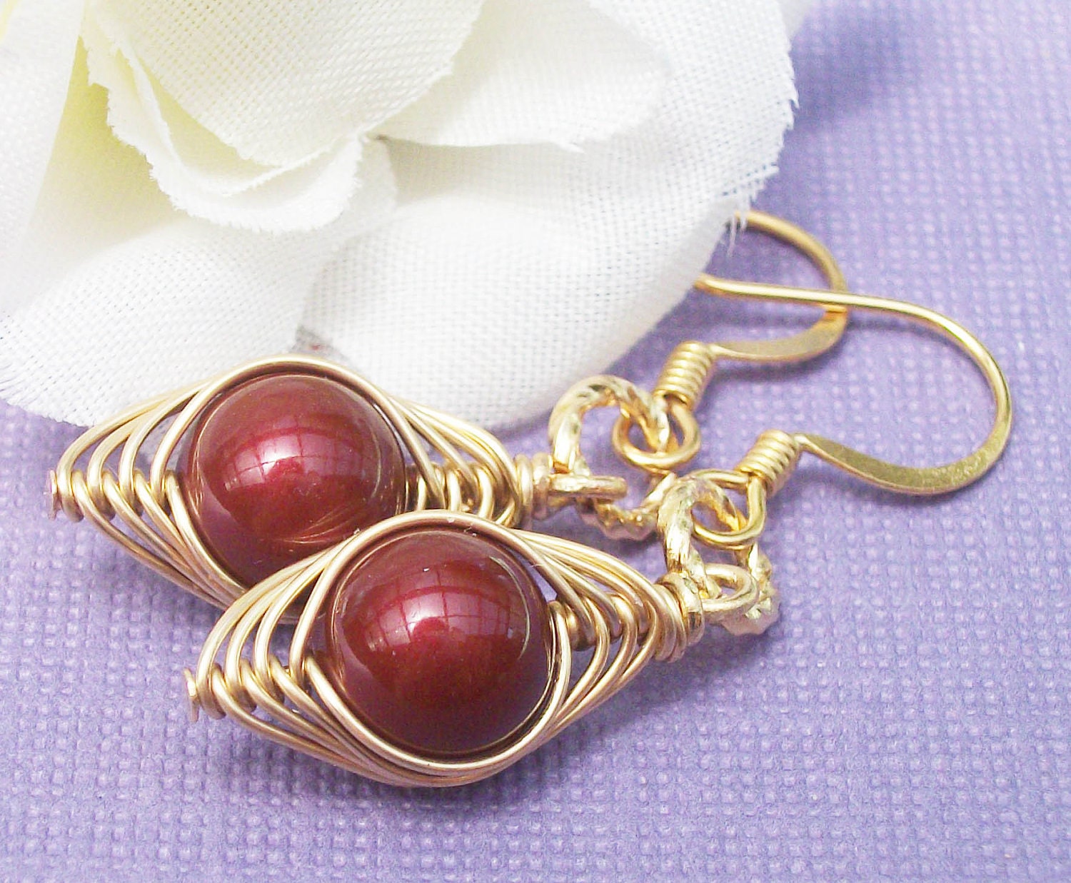 Wire Wrapped Gold Peapod Earrings - Swarovski Bordeux Pearls Or You Choose The Color