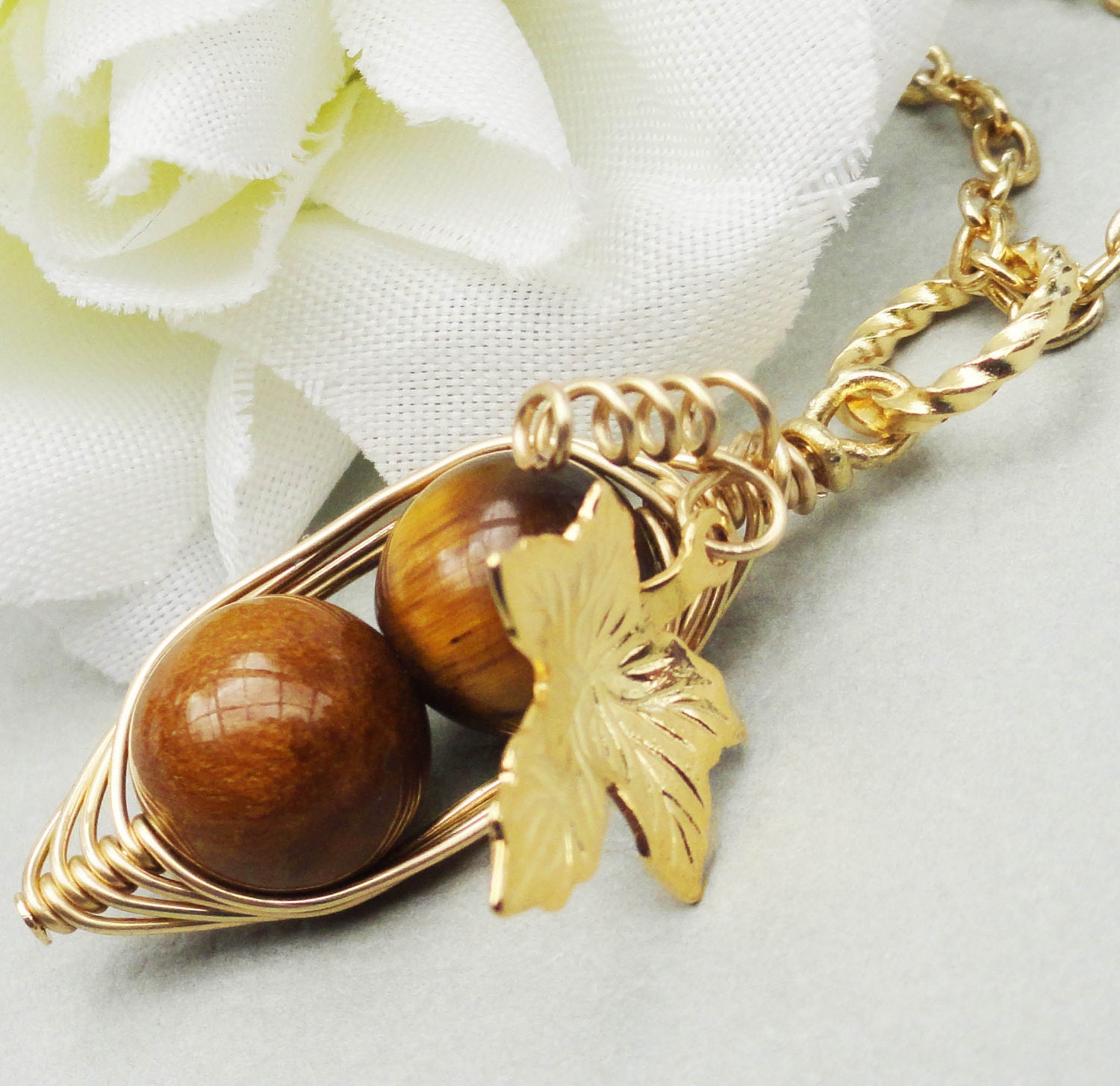 Two Peas In A Pod Gold Necklace Genuine Tiger Eye Ideal For Friends Family Or Mothers