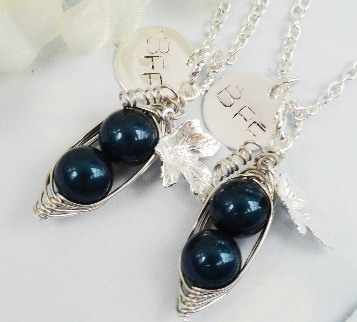 Best Friends Are Like Two Peas In A Pod Silver necklaces With Vine And Leaf. Handstamped Pendant Disc - Set Of Two Best Friend.