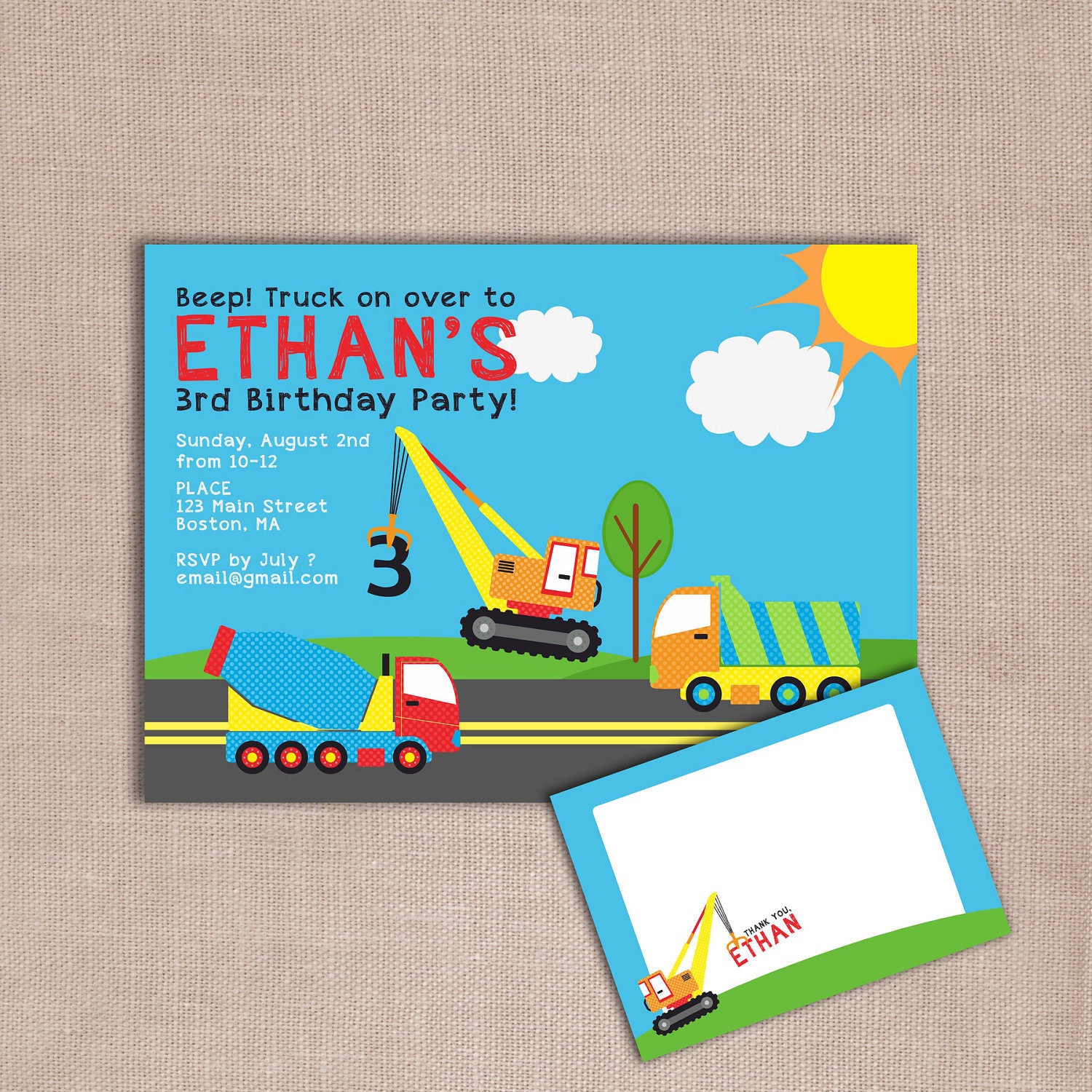 Truck Transportation birthday invitation and matching thank you DIY printable
