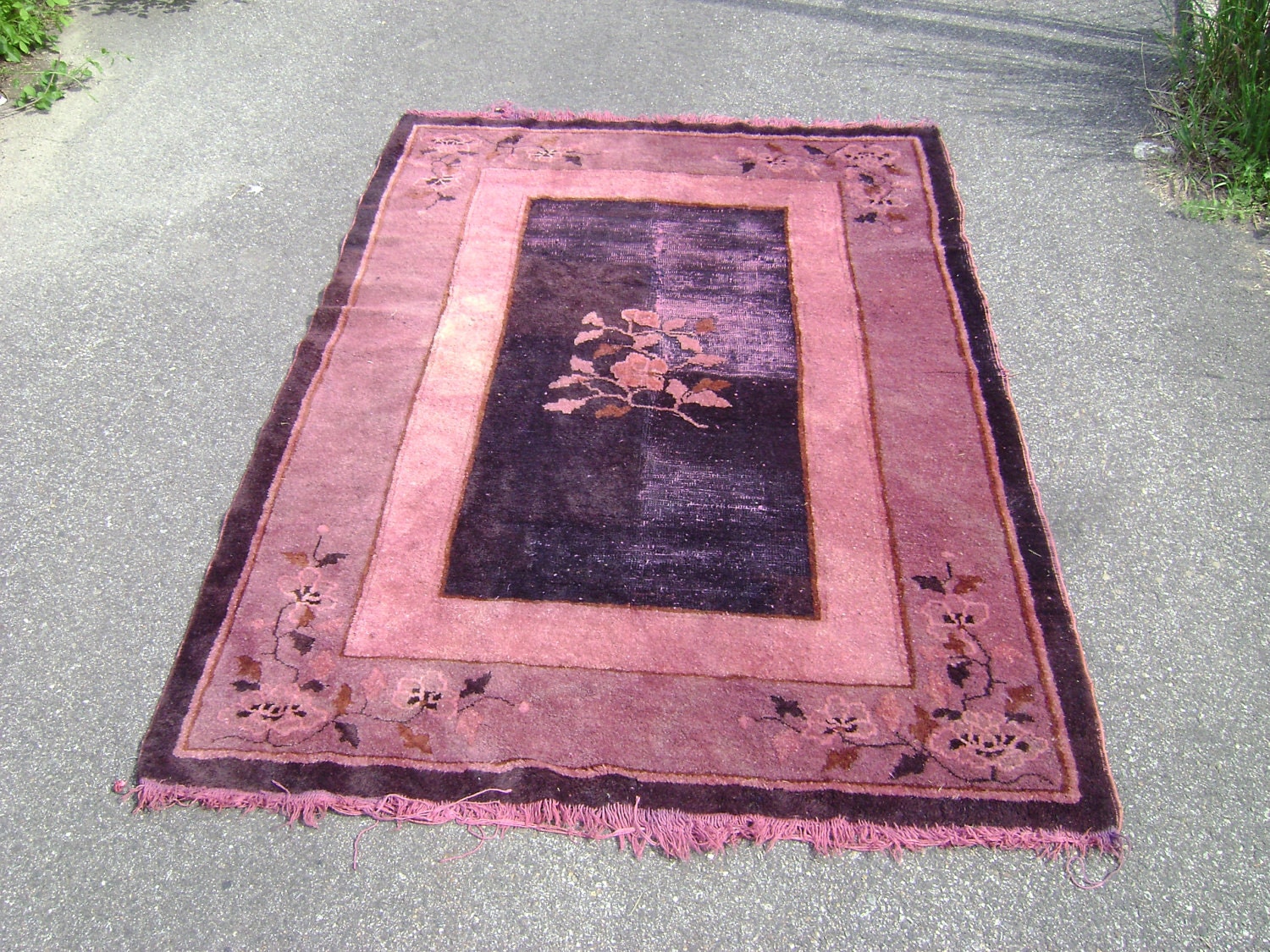 Overdyed Chinese Art Deco Wool Oriental Rug 1920s Good Condition 4' by 6' Magenta Purple Coral Navy