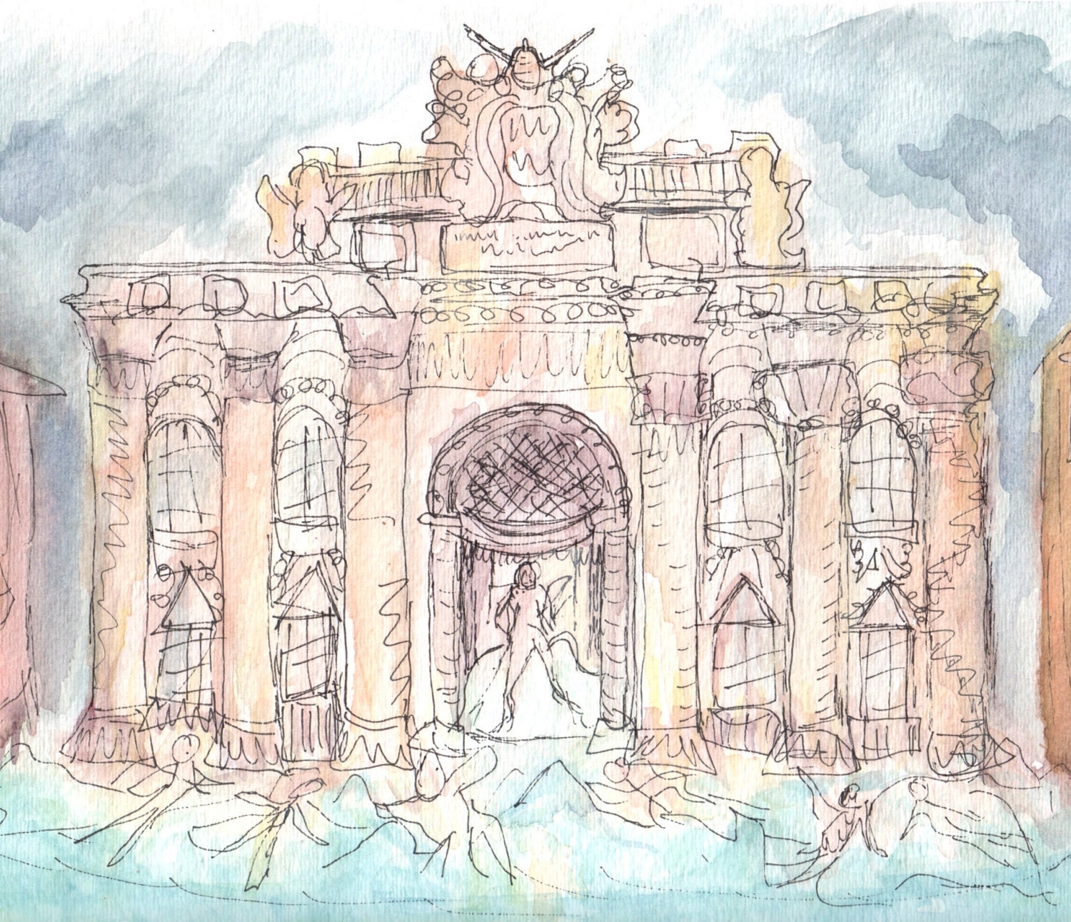 Trevi Fountain Rome Italy watercolor illustration print