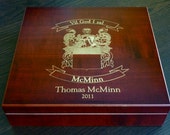 Personalized Humidor Custom Engraved with Family Crest or Coat of Arms - Cherry Finish, 20 cigar capacity