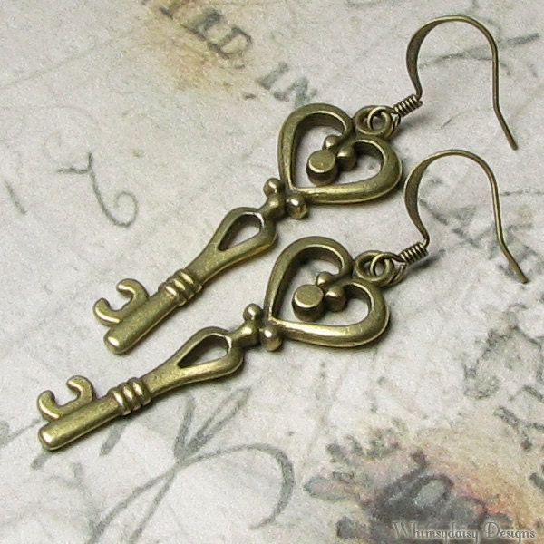 Victoriana Style Antique Brass Heart Skeleton Key Earrings