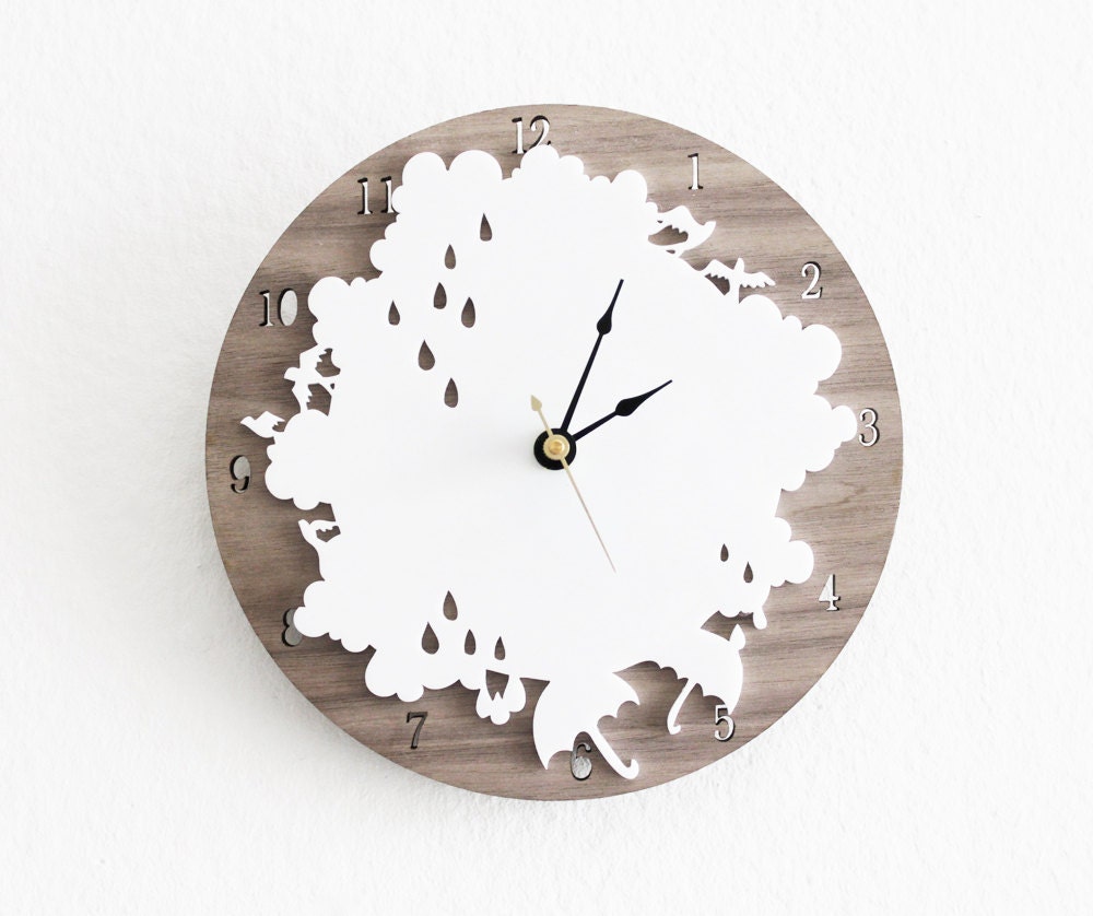 Rain Drop Clock- Rainy Day Wall Clock with Cloud, Rain drop, Umbrella, Birds