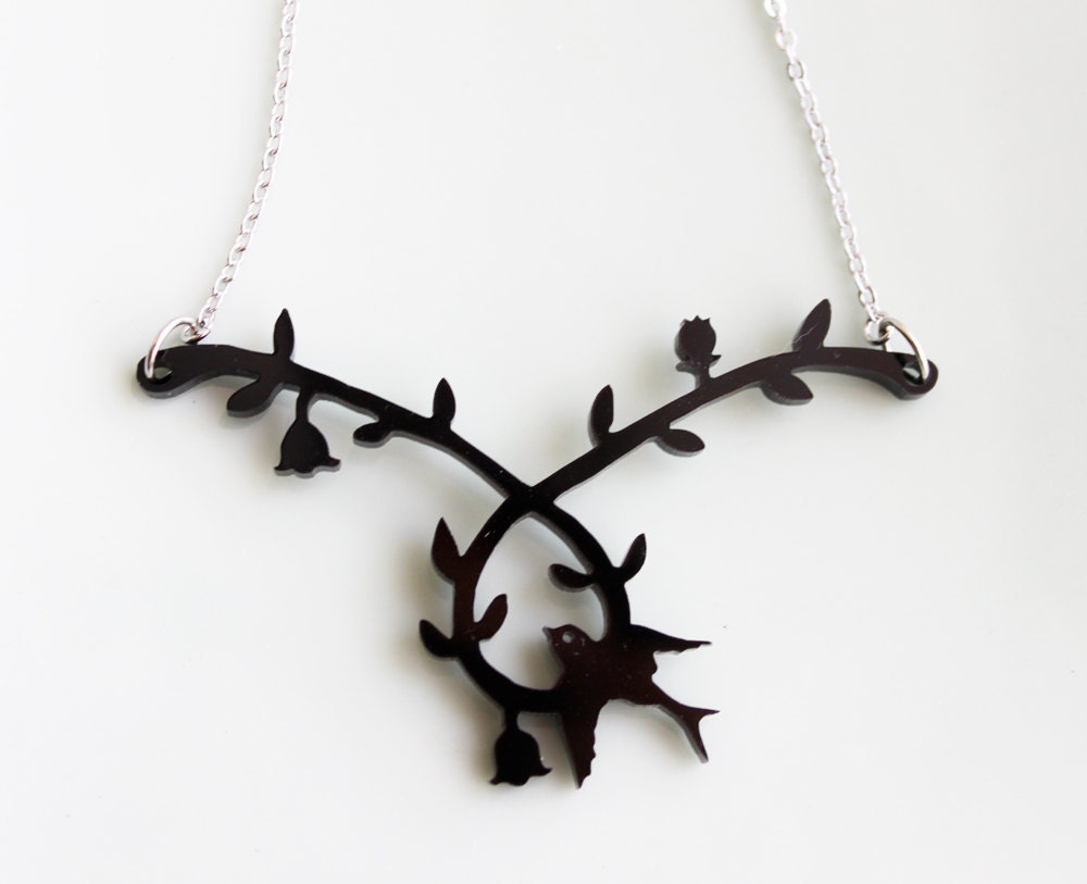 Black Lace Necklace - Black Tatttoo Victorian Bird and vines lacy silhouette Necklace