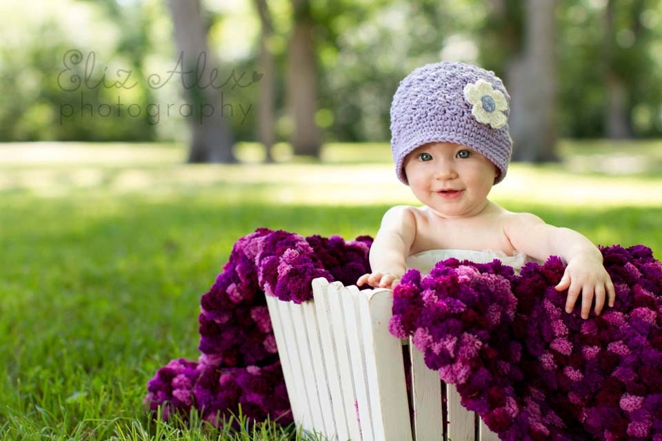Purple Baby Cloche Hat with Cream Flower and Vintage Button, 6 to 12 Month Size (Item 789)