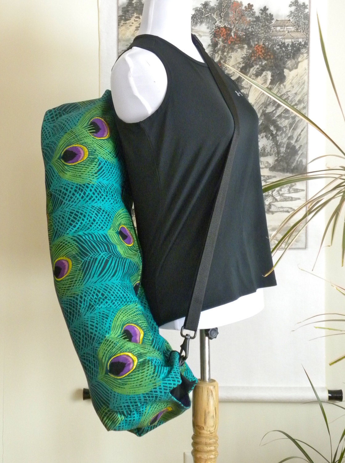 READY TO SHIP -Yoga Bag Women's Large Yoga Bag Pilate's Bag Women's Exercise Bag Travel Yoga Bag, Blue Peacock Pockets, Duffel Bag, In Stock