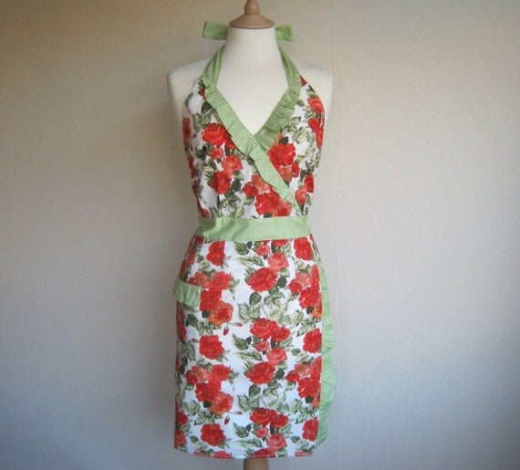 Retro apron, vintage orange floral pattern. 1950s vintage inspired, fully lined.