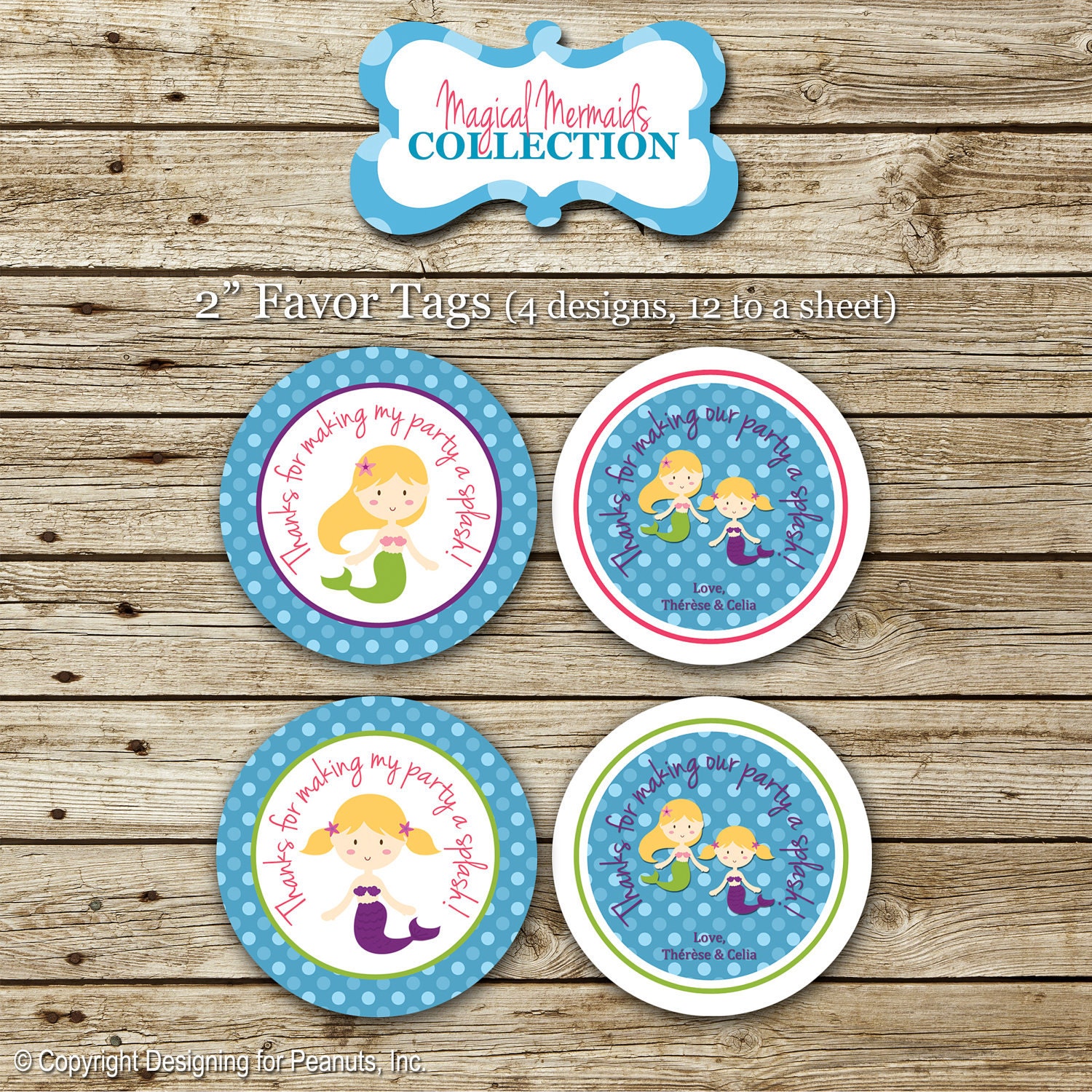 MERMAIDS favor tags, stickers, labels, cupcake toppers, party circles, printable, digital, etc.