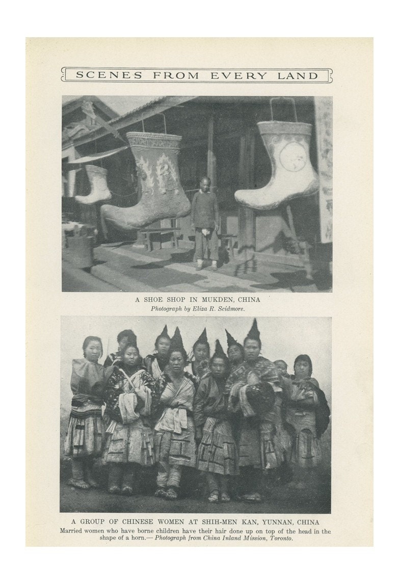 1912 A Shoe Shop In Mukden China, A Group Of Chinese Women At Shih-men Kan, Yunnan, China, And A Woman Of Nepal Antique Photo Print, Scenes From Every Land