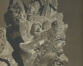 1957 Indonesia, Wood Sculpture From Bali Profile Of Creepy Face, And A Piggy Back Ride, Native Antique Photo Print, Exotic Art From Around The World, Photo, Printed In Czechoslovakia, Published In London, England