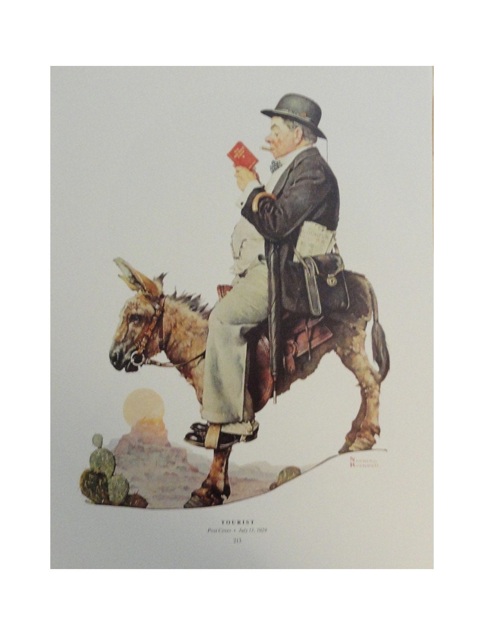 Norman Rockwell Poster, " Tourist " Old Man Riding A Donkey Reading A Travel Guide, And " Fishing " Grandfather And His Grandson Catching A Fish, Post Magazine Cover