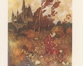 The Wind's Tale, Women Red Dress Picking Flowers Castle, Stories From Hans Andersen, Edmund Dulac, Italy, Antique Children Print