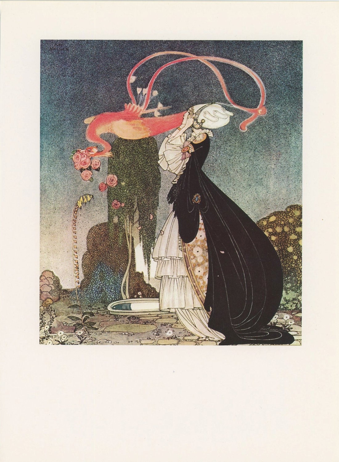 Princess Stands Courtyard Hands On Face Pink Flamingo Bird Flies Roses, Rosanie, Kay Nielsen, Antique Children Print, USA, 1975