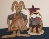 Primitive Easter Bunny Rabbit Girl Doll with Basket of Eggs - Fabric - Spring Decor