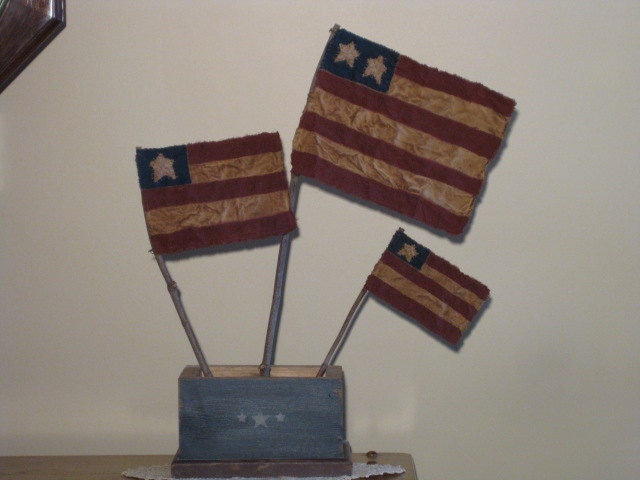 Primitive Americana Flags -  Fabric - set of 3 - Folk Art Decoration - Patriotic - July 4th