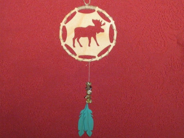 Moose Dream Catcher - Wooden - with 2 feathers - ornament - small
