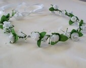 Bridal Flower crown White roses Pearls hair accessory wedding headpiece, flower girl halo, bride hair accessories First Communion