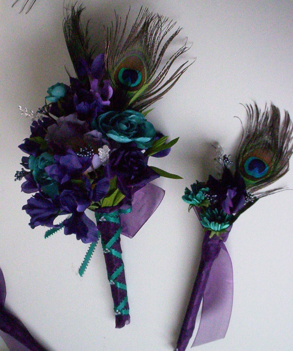 Purple Peacock Bridal Bouquets 10 Piece Package Silk Wedding Flowers Purple Teal feather bokay, bridesmaids, boutonnieres