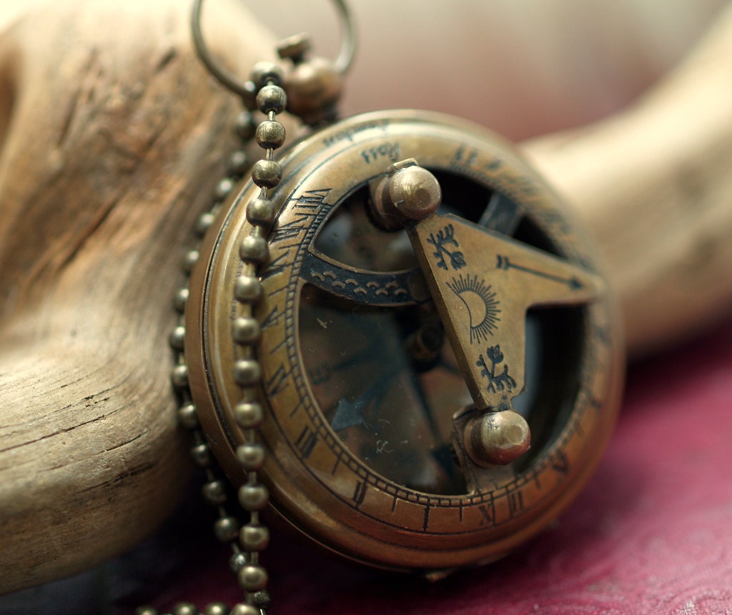 Brass Huge Compass Sundial Necklace with Brass or Gold Plated Ball Chain