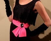 Black Vintage 1950's Lace dress Hot Pink Sash and Crystal Broach