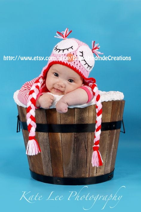 Crochet Sleepy Owl Hat with Earflaps Pink, Red and White
