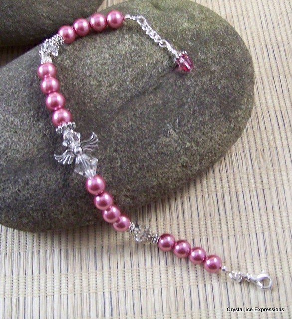 Dark rose pearl and crystal angel bracelet