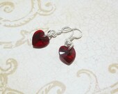 10mm Swarovski Siam Red Xilion Crystal Hearts on Sterling Silver Dangle Earrings - Free Shipping
