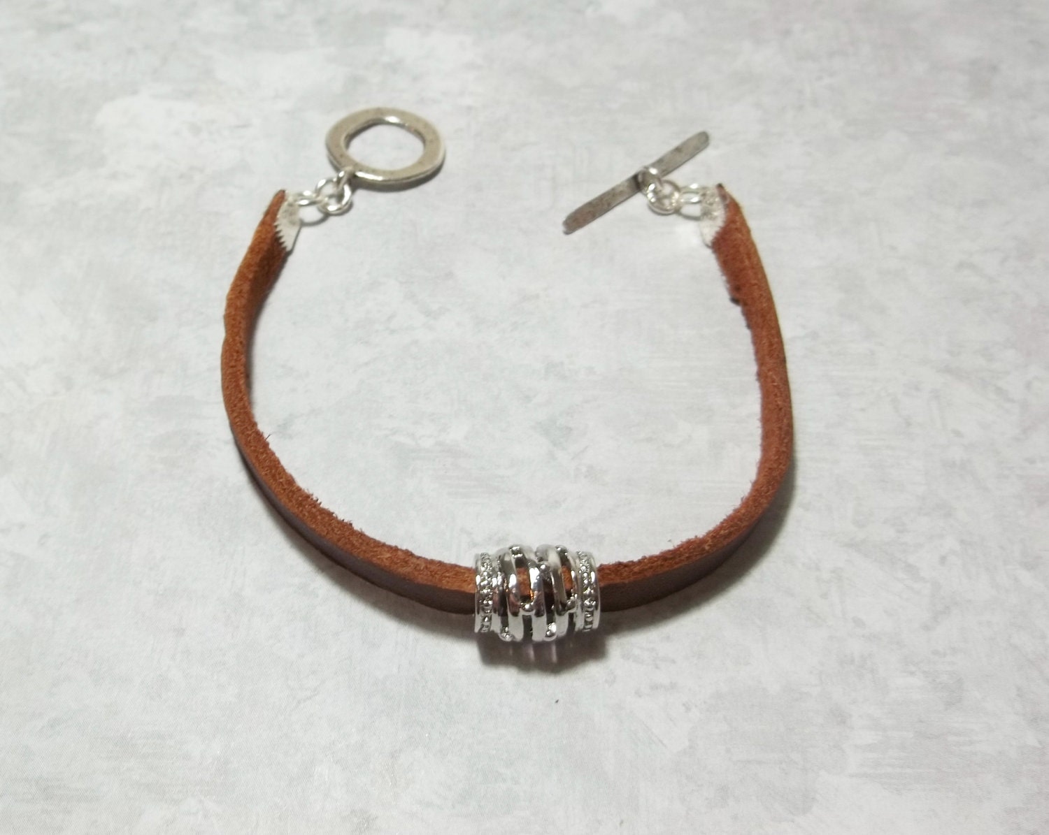 Womens Brown Leather and Silver Hollow Spiral Bead Toggle Bracelet - Free Shipping