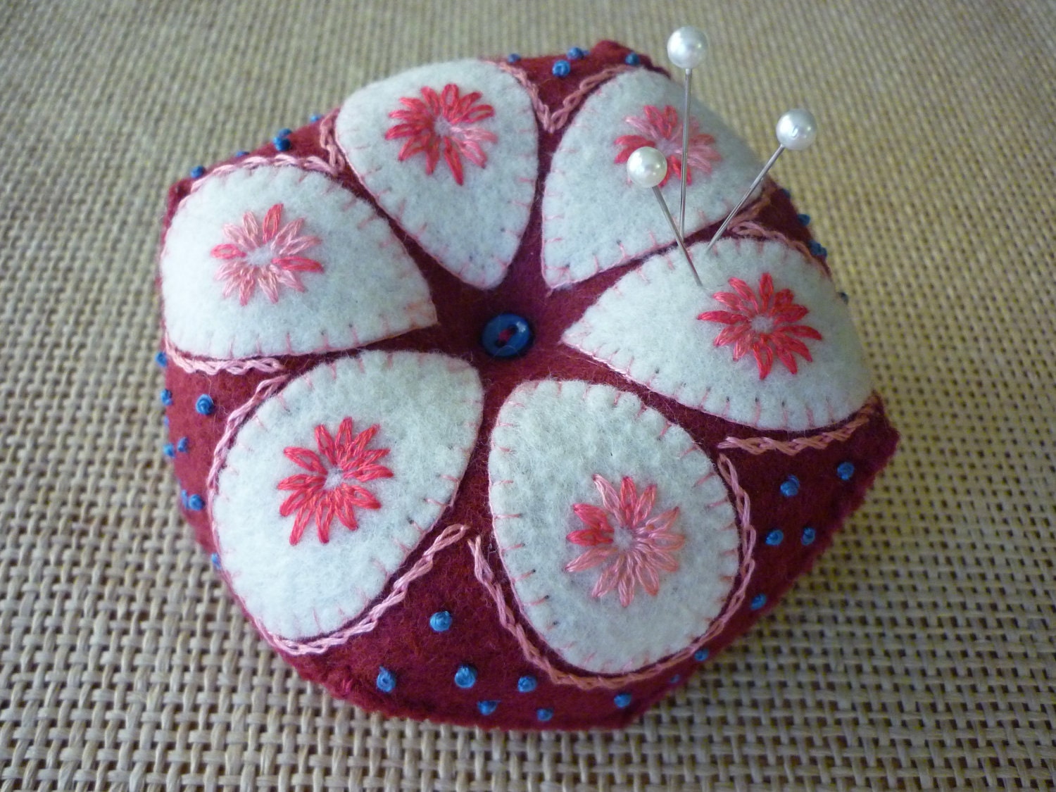 Hand Embroidered "White Flower Petals" Felt Pin Cushion