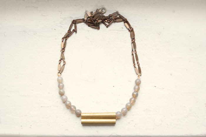 Grey Onyx and Vintage Brass Necklace