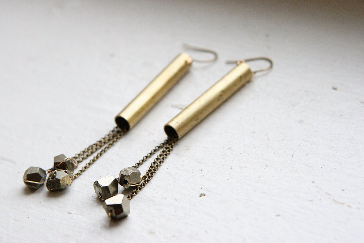 Faceted Pyrite and Vintage Brass Fringe Earrings