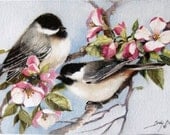 Chickadees In Apple Blossoms Watercolor Painting Print