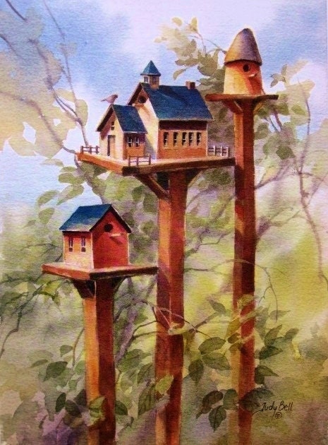 Bird House Country School Watercolor Painting Print